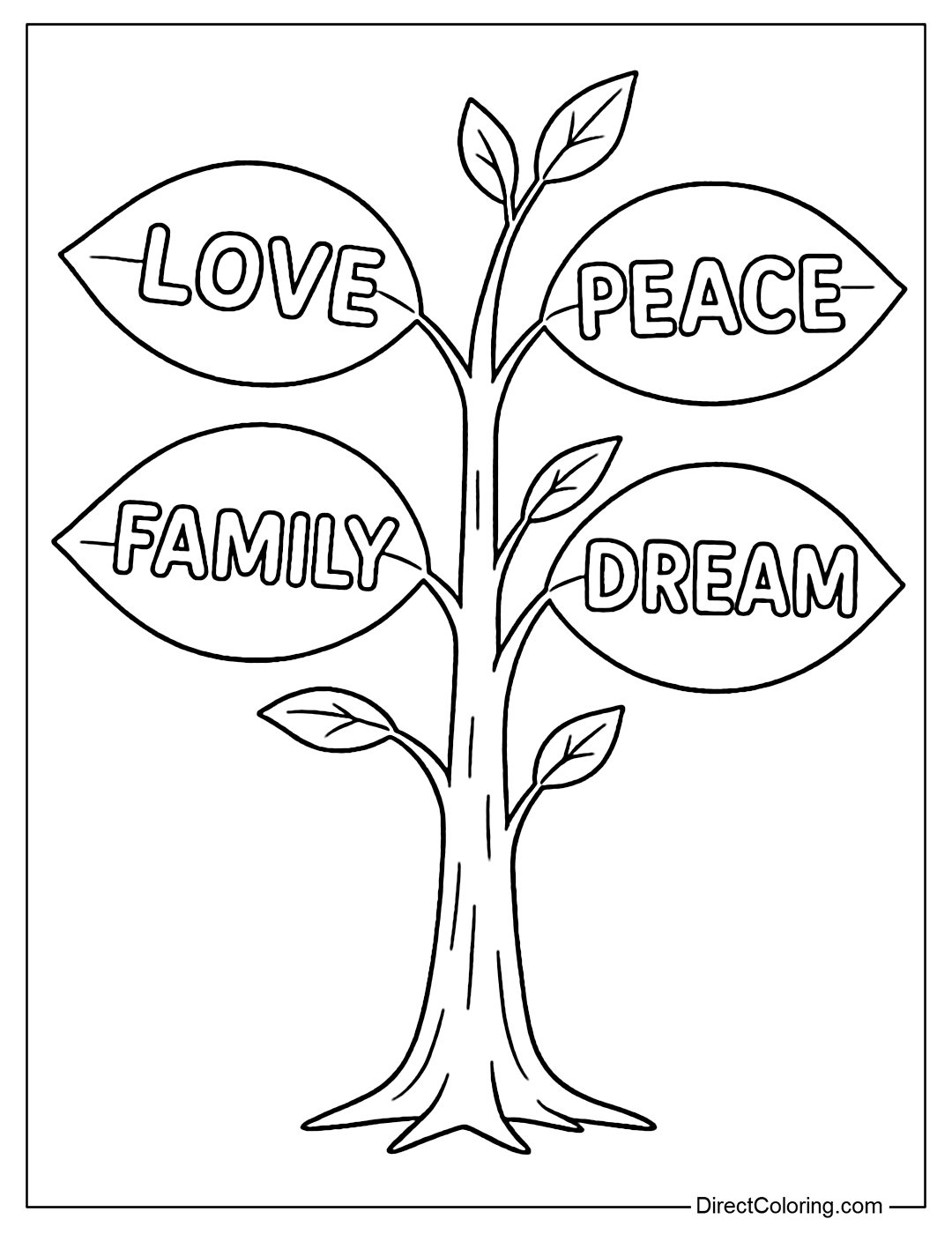 A tree coloring page with leaves that say: Love – Peace – Family – Dream.